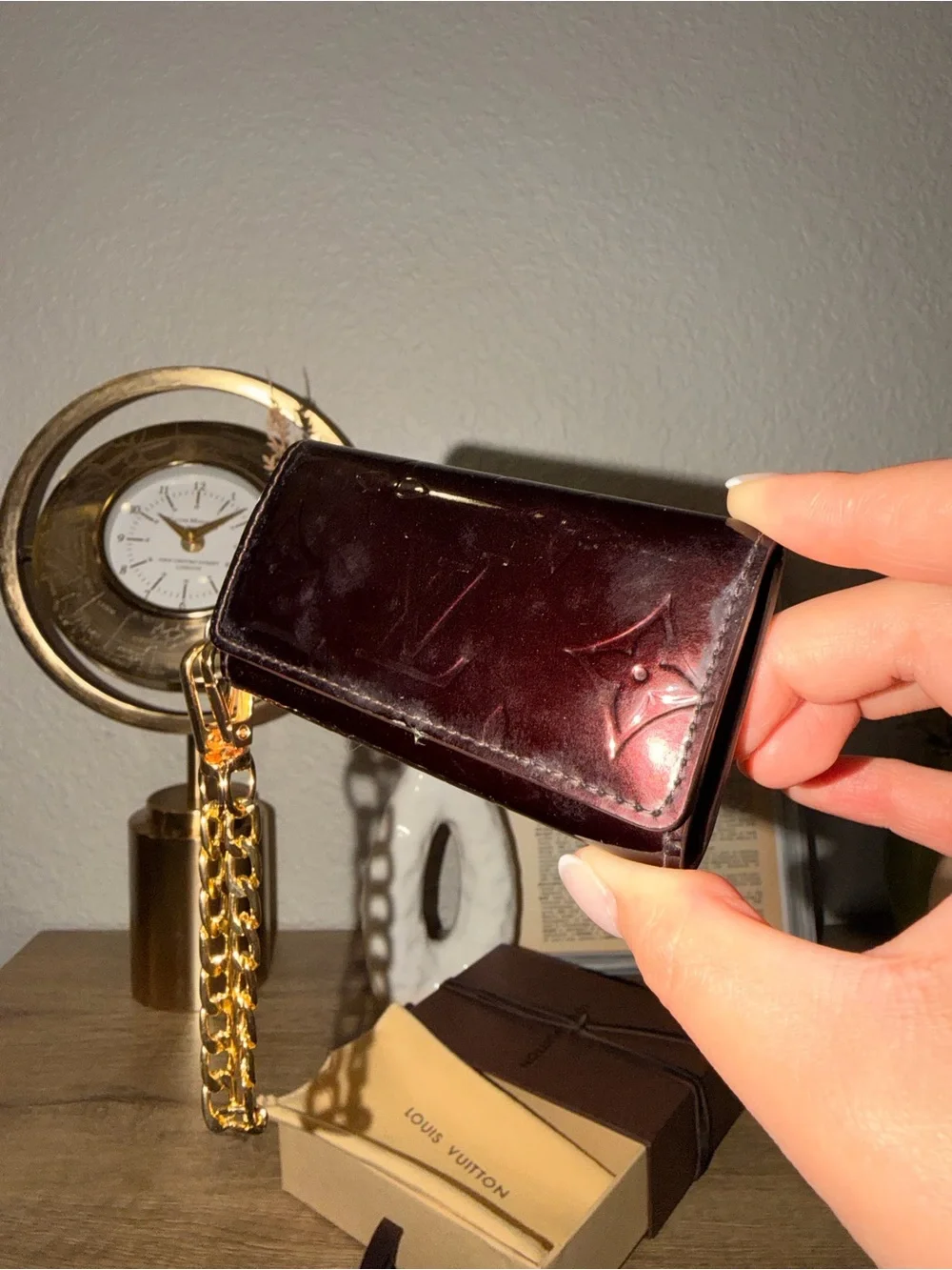Louis Vuitton Burgundy Vernis Monogram Key Pouch with Gold Chain